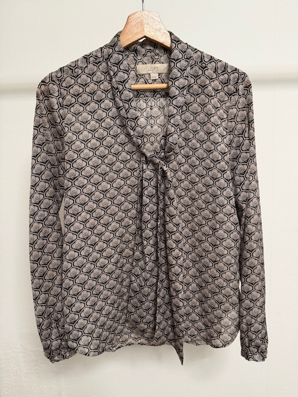 LOFT Black and White Boho Print Tie-Neck Blouse